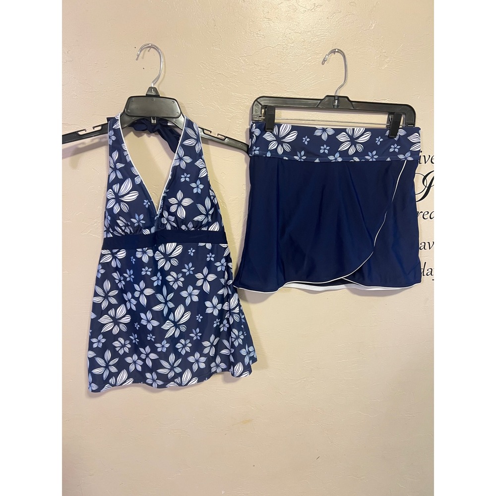 Navy Blue White Floral Halter Tankini Set with Wrap Swim Skirt Size M Swimsuit